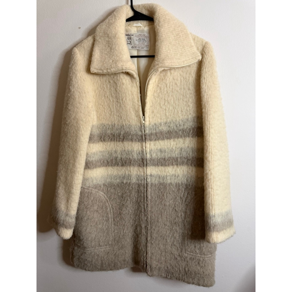 Women's Hilda Ltd. 100% Wool Made in Ireland Beige Gray Wool Zip-Up Coat M